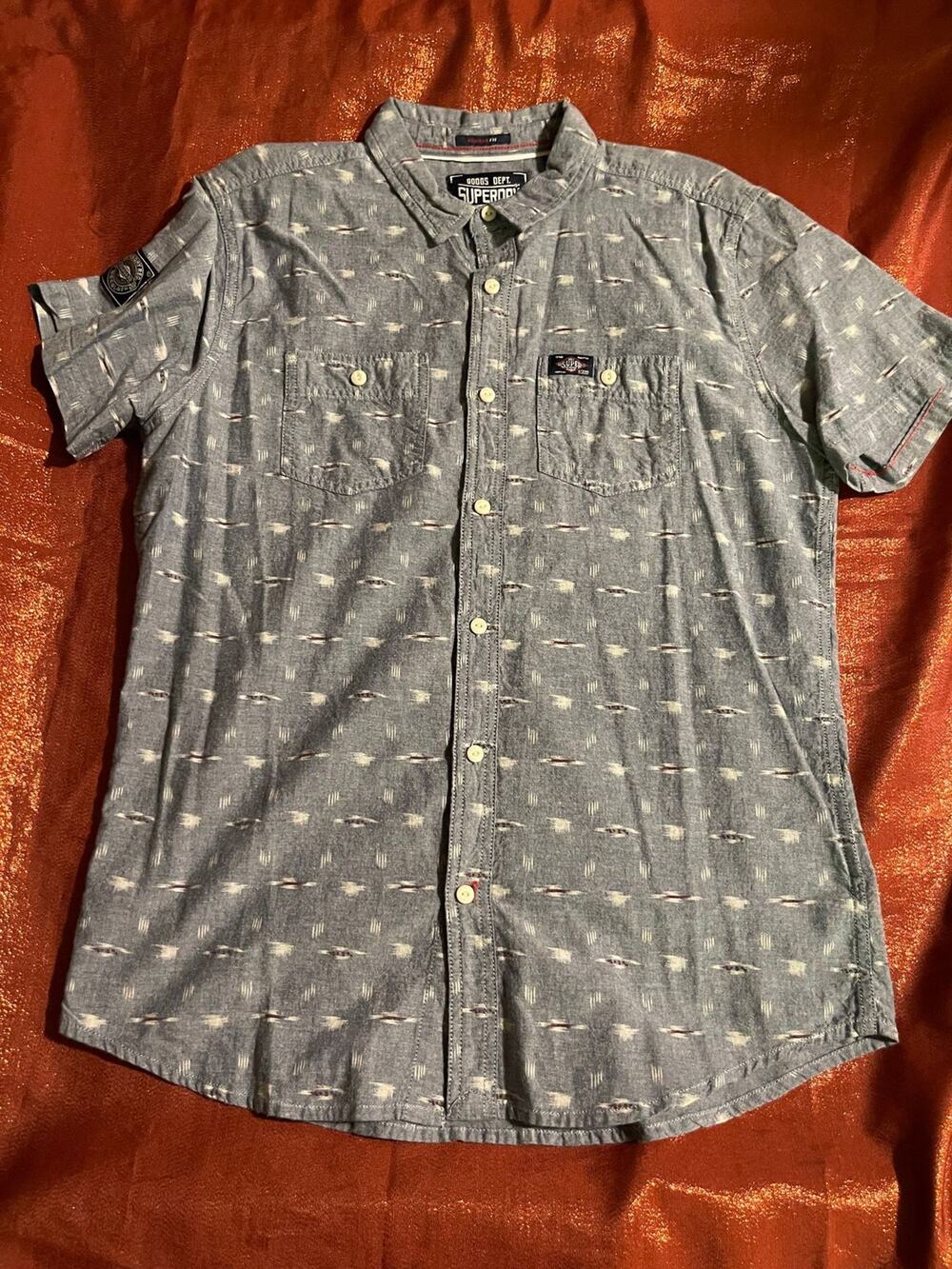 Superdry Shirt Mens L Regular Fit Short Sleeve Button Up Chambray Pattern Blue